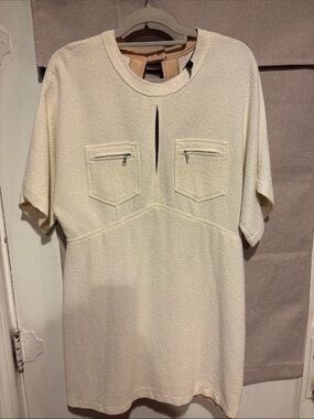 BCBG Cream Bouclé Knit Mini Dress | Keyhole Cutout | Zipper Pocket Detail